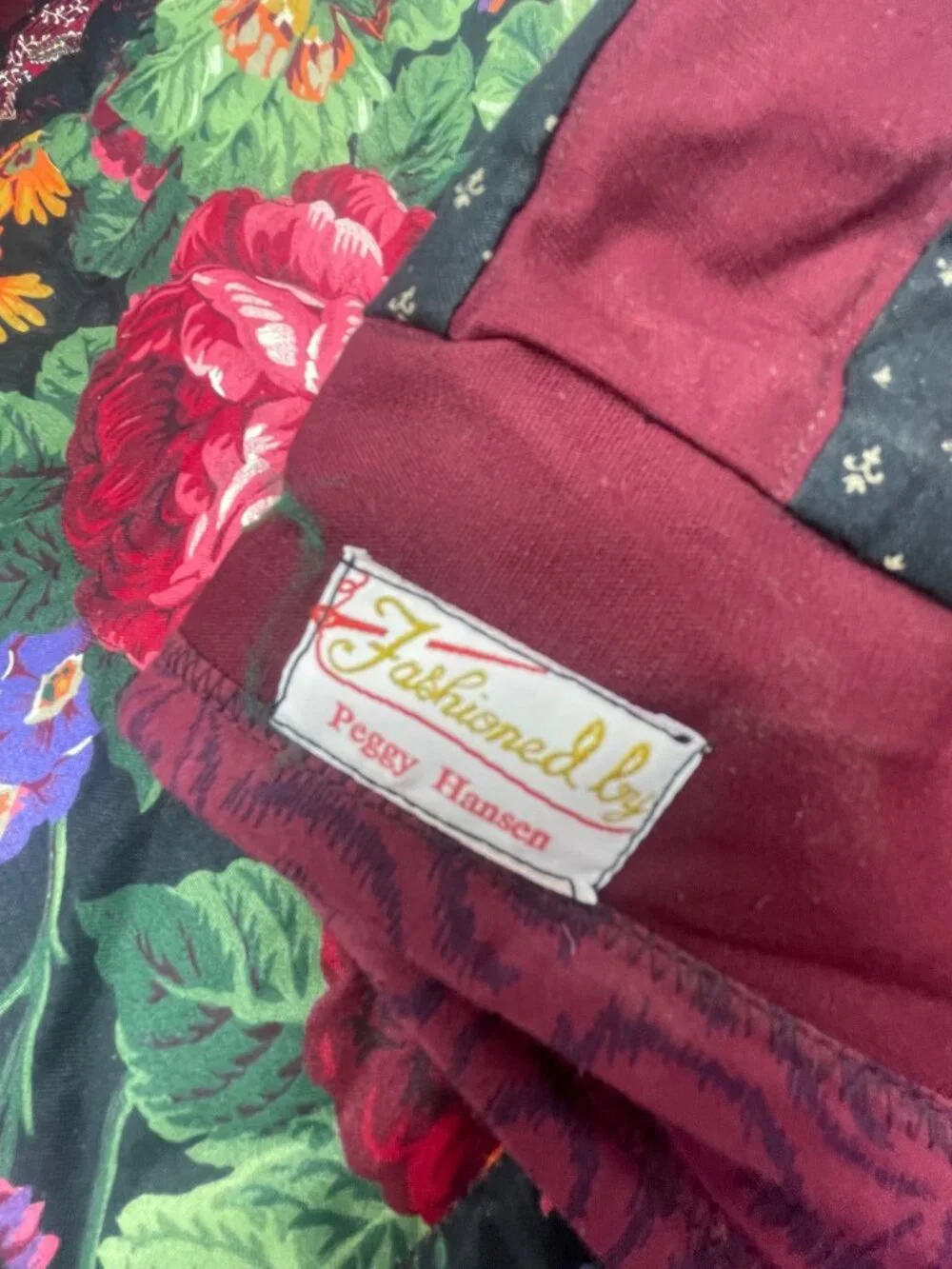 handmade baby blanket throw fashioned by Peggy Hanson patchwork floral red READ
